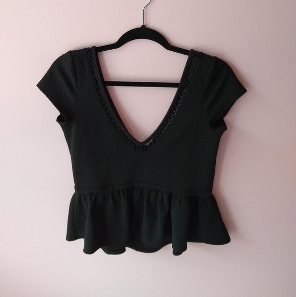 free people black peplum lace edged open back top - Picture 1 of 3